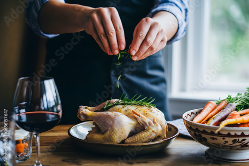 A chef in an apron preparing to roast a whole chicken, adding fresh rosemary to the dish on a wooden table