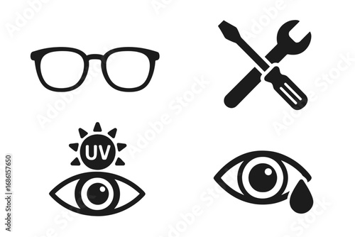 Glasses and vision silhouette icon set. Optical services, repair tools, UV protection, and eye drop icons. Optometry and eyesight concepts vector. Eye care symbols.