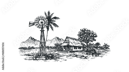 Hand-drawn sketch of a windmill beside a thatched-roof hut and tropical vegetation.. Vector hand drawn illustration