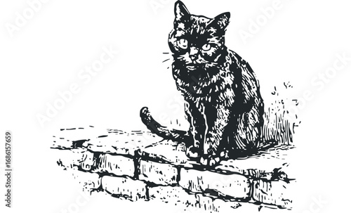 Black feline sitting on textured stone wall graphic. Vector hand drawn illustration