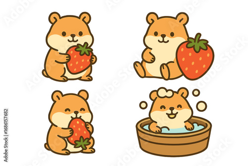 Cute hamster character set. Kawaii cartoon pet rodent holding, eating a big strawberry, and taking a bath. Vector illustration mascot sticker pack for kids and daily life concept.
