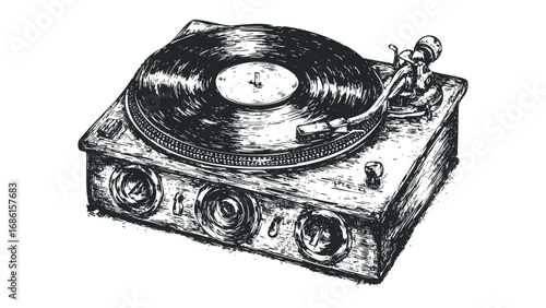 Vintage turntable with vinyl record and tonearm drawing. Vector hand drawn illustration