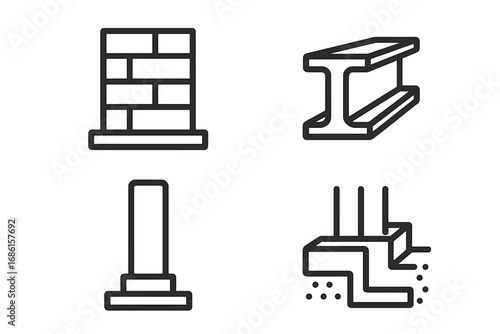 Building structure icons. Outline icon set of building structural elements. Cutaway load-bearing wall, steel I-beam, support column, concrete house foundation. Vector.