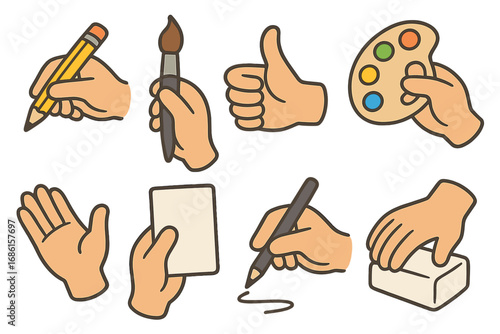 Set of hands in various creative actions. Hand holding pencil, brush, pen. Artist with palette. Thumbs up gesture. Writing, drawing, painting. Vector cartoon icon pack.