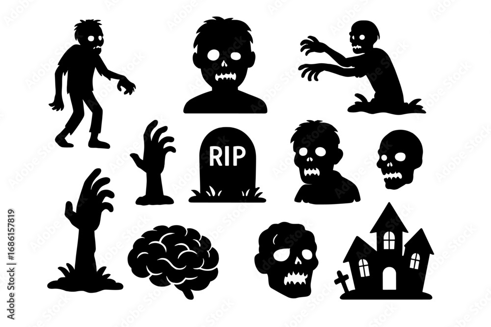Fototapeta premium Halloween zombie silhouette icon set. Spooky horror collection of undead monsters, haunted house, grave, and skull. Creepy vector graphics for apocalypse or scary party themes.
