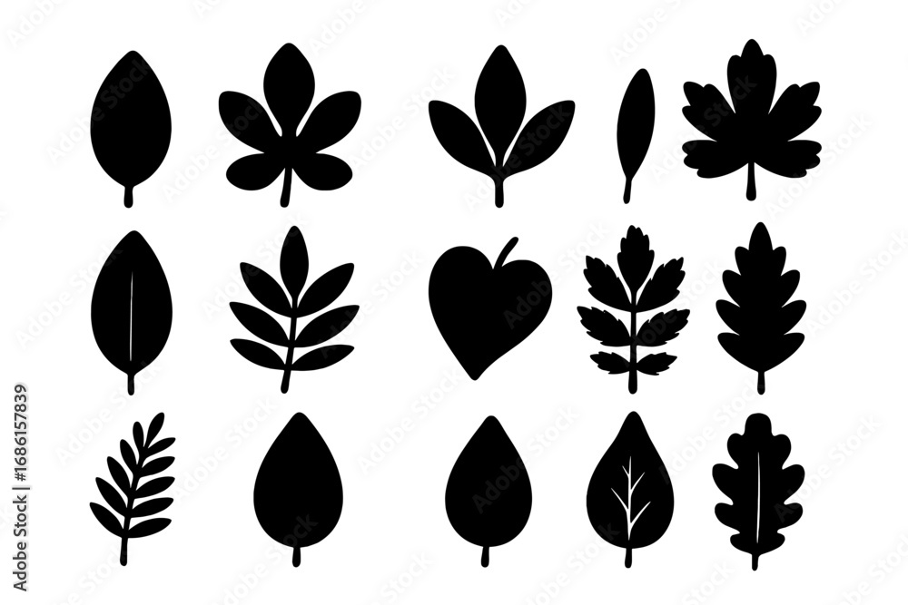 Fototapeta premium Leaf silhouette icon set. Various nature foliage and plant shapes. Black botanical vector illustration collection. Simple leaves graphics isolated for eco and bio design.