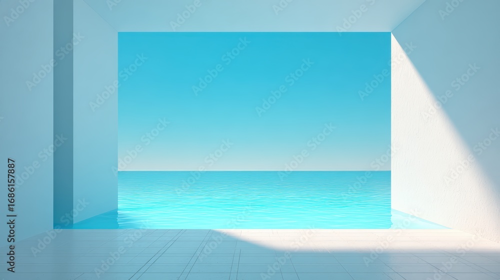 Fototapeta premium Bright minimalist poolside area with open ocean view and clear blue sky, modern outdoor space for relaxation and leisure