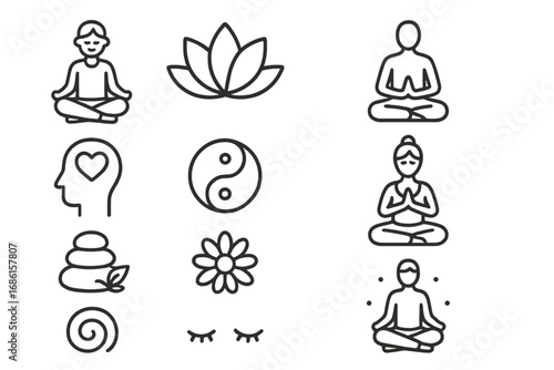 Meditation and yoga outline icon set. Mindfulness and zen spiritual symbols. Vector collection of line art for wellness, relaxation, balance, harmony and mental health.