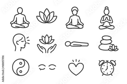Meditation and yoga outline icon set. Zen and mindfulness line symbols collection. Vector wellness and spiritual practice icons for logo design. Health, relax, and balance.