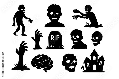 Halloween zombie silhouette icon set. Spooky horror collection of undead monsters, haunted house, grave, and skull. Creepy vector graphics for apocalypse or scary party themes.