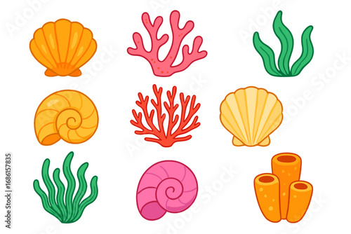 Collection of cute cartoon marine life elements. Vector set with colorful seashell, coral, seaweed, and sea sponge illustrations. Underwater ocean nature objects isolated on white.