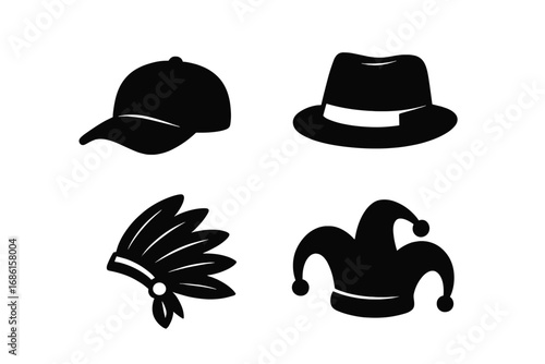 Black silhouette icon set of hats and headgear. Vector collection with baseball cap, classic fedora, Native American headdress, and jester hat for fashion or carnival concepts.