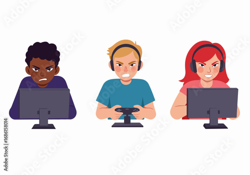 Frustrated gamers playing intensely with computers