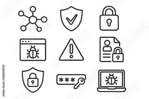 Cybersecurity line icon set. Concepts of network protection, data privacy, virus, malware alert, password authentication, and internet security. Vector outline symbols.
