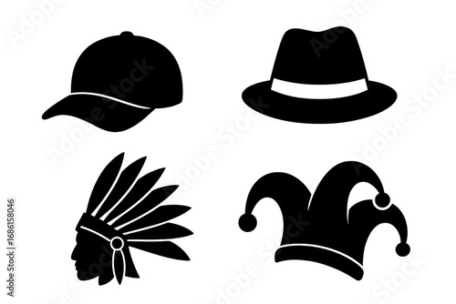 Hat and headgear silhouette icon set. Vector collection of baseball cap, fedora, Native American chief headdress and jester hat. Black isolated cartoon illustrations.