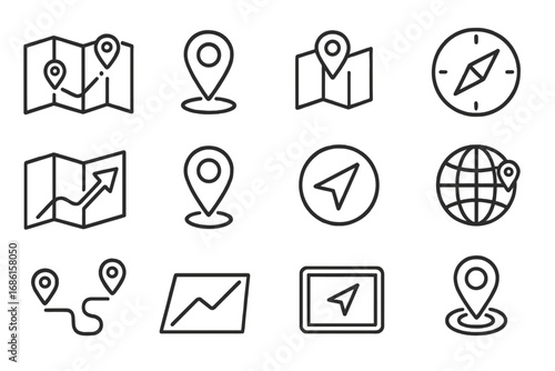 Navigation and GPS line icon set. Map, compass, location symbols for travel and direction. Vector outline icons for route, destination, geolocation pin, pointer, marker.