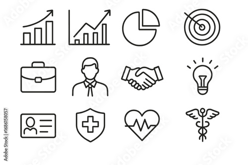 Business and healthcare outline icon set. Finance growth chart, data graph, target goal, partnership handshake. Medical insurance shield, cardiology heart, caduceus symbol.