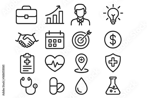 Business and healthcare thin line icons. Medical insurance, finance growth, success concepts. Vector symbols: stethoscope, heart, pill, chart, money, target, briefcase, idea.