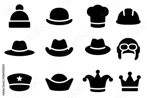 Headwear solid icon set. Collection of hats, helmets, and crowns in bold glyph style. Vector illustration of beanie, fedora, cowboy hat, chef toque, hard hat, pilot cap, crown.