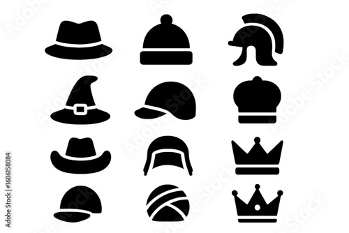 Headwear solid icon set. Vector collection of hats, helmets, crowns. Glyph silhouette illustration. Includes fedora, beanie, witch, cowboy, cap, chef, spartan, and royal crowns.