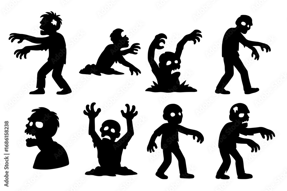 Naklejka premium Zombie silhouette icon set for Halloween. Spooky walking dead monster collection. Horror character vector graphics. Undead ghoul apocalypse cartoon illustration for scary design.