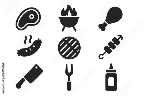 Barbecue grill vector icon set. Solid glyph symbols. BBQ party cooking food. Concept for summer cookout. Includes steak, sausage, chicken, kebab, skewer, cleaver, fork, sauce.