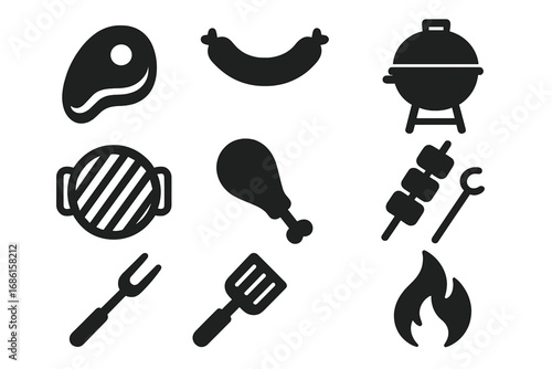 Barbecue grill solid icon set. BBQ cooking concept. Meat food symbols for picnic. Steak, sausage, chicken leg, and kebab. Spatula, fork, and flame vector illustration.