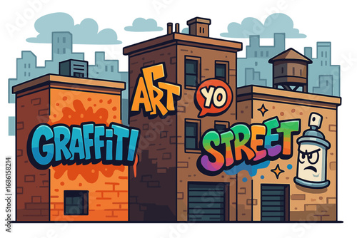 Graffiti street art on urban building walls. Vector cartoon illustration of a city environment. Hip hop culture concept with typography, lettering, murals and a spray can.