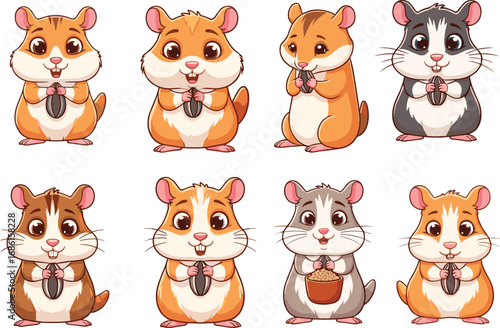 Cute cartoon hamster characters eating sunflower seeds and food, adorable pet rodent illustration, funny animal mascot design, small pet artwork