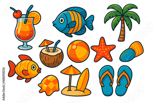 Tropical beach summer icon set. Cartoon vector collection of vacation elements: palm tree, fish, cocktail, coconut drink, surfboard, flip-flops, starfish, beach ball, shell.
