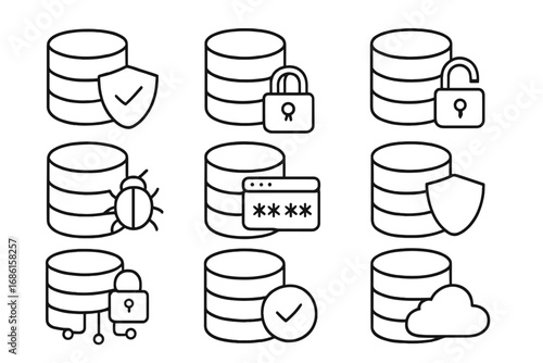 Data protection linear icon collection. Database security and server storage outline symbols. Cloud computing, password access, virus, bug, shield guard, and lock icons set.