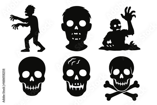 Horror zombie silhouette icon set. Spooky Halloween monster collection. Scary undead creature and skull with crossbones symbols. Creepy death signs for apocalypse theme design.