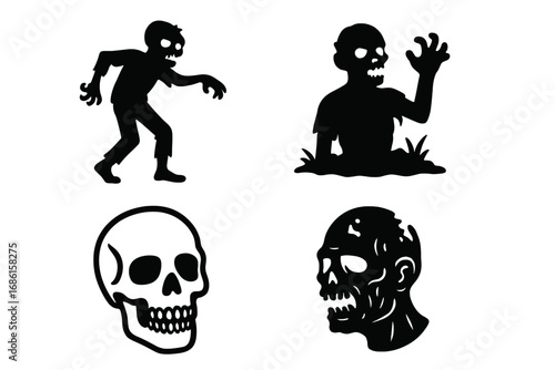 Horror zombie silhouette icon set. Spooky scary monster collection for Halloween. Undead creature from grave, walking dead and skull head vector graphic design elements.