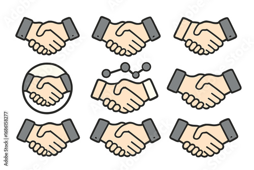 Handshake icon set for business collaboration and success. Vector illustration of partnership, agreement, and teamwork. Deal and networking symbols for finance and cooperation.