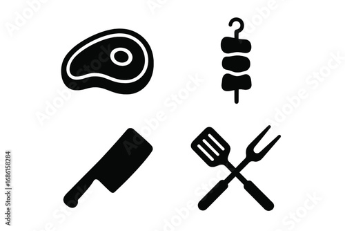 Meat and barbecue solid icon set. Steak, kebab, cleaver and grill utensils. Culinary glyph collection for cooking and butchery. Vector food symbols for restaurant menu.