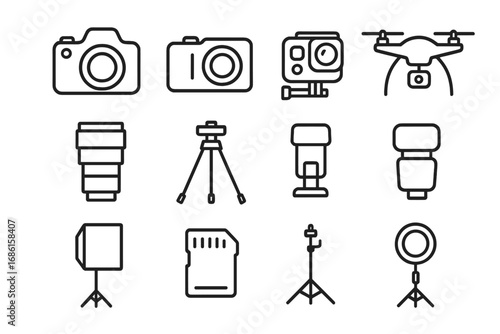 Photography equipment line icon set. Vector collection of photo and video gear like camera, drone, lens, tripod, flash, light, softbox, and action cam for graphic design.