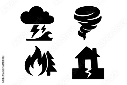 Natural disaster silhouette icon set. Weather and emergency symbols. Catastrophe icons for storm, flood, tornado, hurricane, forest fire, and earthquake. Vector illustration.