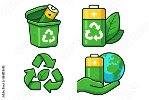 Battery recycling icon set. Sustainable energy and environmental conservation concept. Ecology symbols for battery disposal, green power, and Earth protection awareness cartoon.