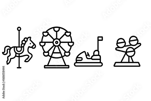 Carnival rides outline icon set. Simple linear vector illustration with carousel horse, ferris wheel, bumper car, and funfair ride. Amusement park entertainment symbols.