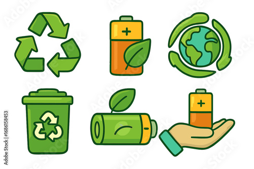 Recycling symbols and icons for sustainable battery disposal and environmental awareness. Vector set for green energy, ecology, conservation, and eco-friendly power sources.