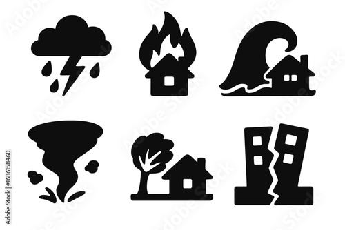 Natural disaster icon set. Black silhouette symbols for weather catastrophe: fire, earthquake, tsunami, flood, tornado, storm. Vector illustration for emergency and warning signs.