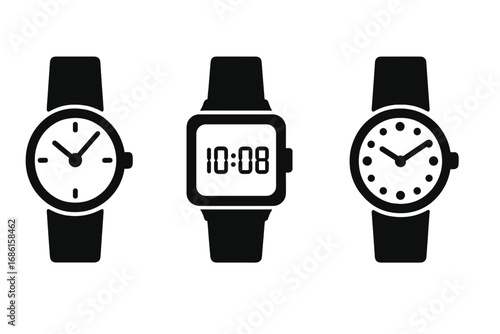 Wristwatch icon set vector. Analog, digital, smart watch silhouettes. Timekeeping symbols. Clock face glyphs for time management, deadline, schedule. Isolated flat design.