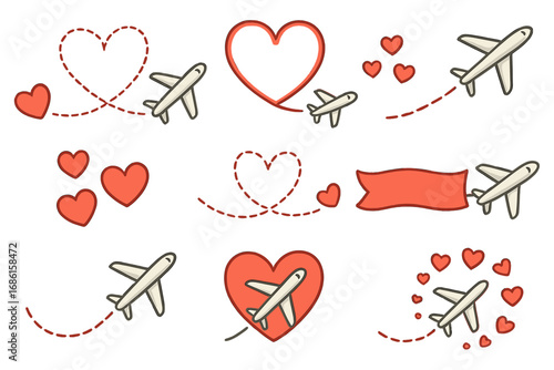 Set of love travel elements. Airplane with heart trail, romantic flight route path. Valentine's Day or wedding honeymoon journey concept. Cartoon vector icon collection.