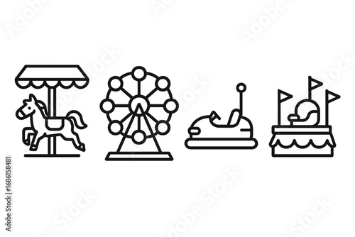 Amusement Park Carnival Ride Outline Vector Set. Carousel Horse, Ferris Wheel, Bumper Car, Tilt-a-Whirl Icons. Family Fairground Attraction Symbols. Fun Festival, Parade Entertainment Line Art