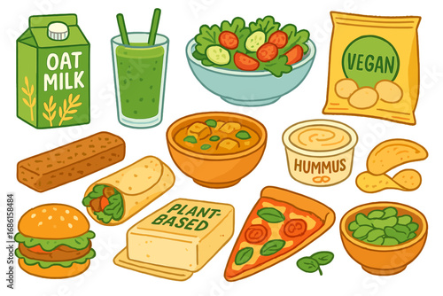 Vector illustration set of various plant-based vegan food. Includes oat milk, smoothie, salad, burrito, burger, pizza, hummus, curry and snacks. Healthy eating concept.