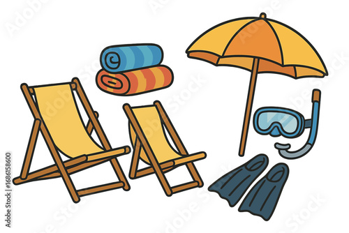 Relaxing beach essentials set with loungers, colorful towels, snorkeling gear, umbrella, and fins for a perfect summer day, vector cartoon illustration with transparent background