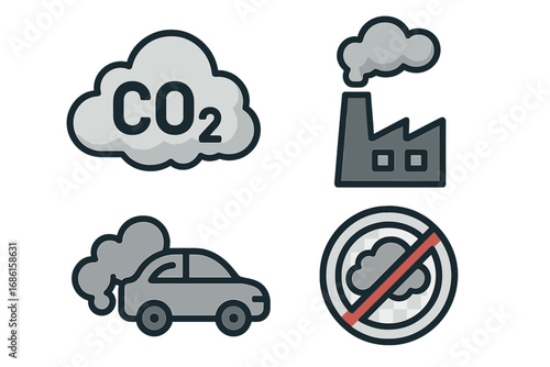 Vector icon set of carbon dioxide emissions. CO2 gas cloud, factory smoke, car exhaust, and anti-pollution sign. Environmental awareness, climate change vector concept.