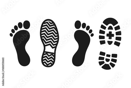 Set of black human footprints and shoe prints vector icons. Collection of bare foot, sneaker and boot sole silhouettes. Concept of walking, steps, path, trail, journey, evidence.