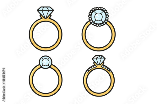 Set of different engagement ring styles with diamonds. Gold wedding jewelry collection. Minimalist vector illustration for marriage proposal, bridal design or anniversary gift.