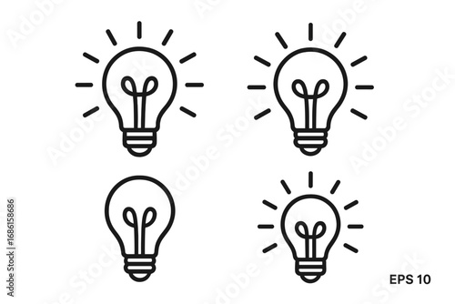 Lightbulb idea icon set. Inspiration symbol. Creativity, innovation, solution concept. Thinking, knowledge, brainstorm. Electric lamp line art vector illustration collection.